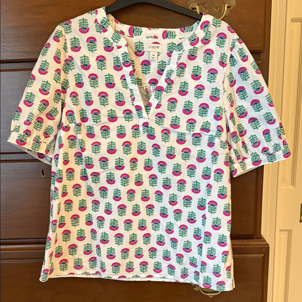 J. Crew White Blouse with Pink and Green floral block print